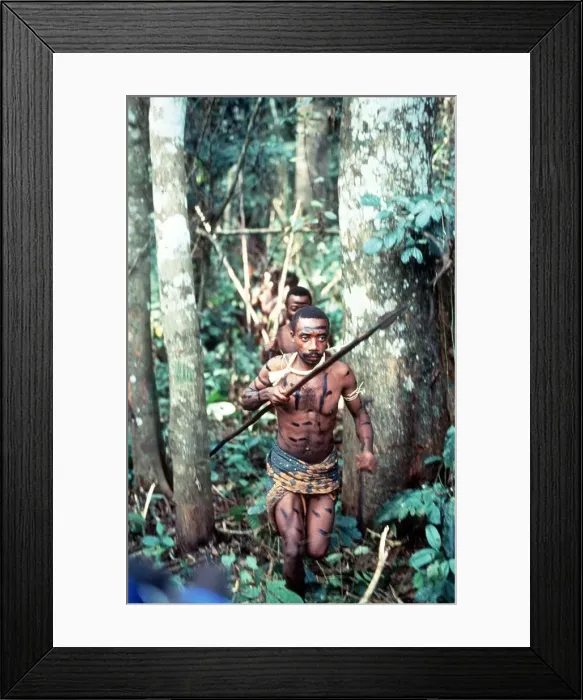 Framed Print : Cameroon warriors tribesmen with spears Baka hunters on trail of monkeys in rain forest Framed Print : Cameroon warriors tribesmen with spears Baka hunters on trail of monkeys in rain forest