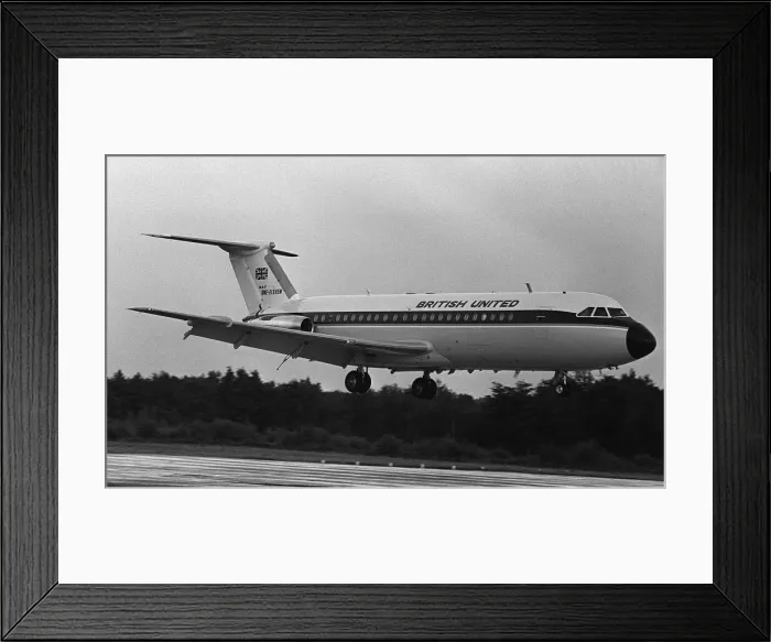 Framed Print : Aircraft BAC 1-11 in the colours of British United Aug 1963 at Hurn airport Framed Print : Aircraft BAC 1-11 in the colours of British United Aug 1963 at Hurn airport