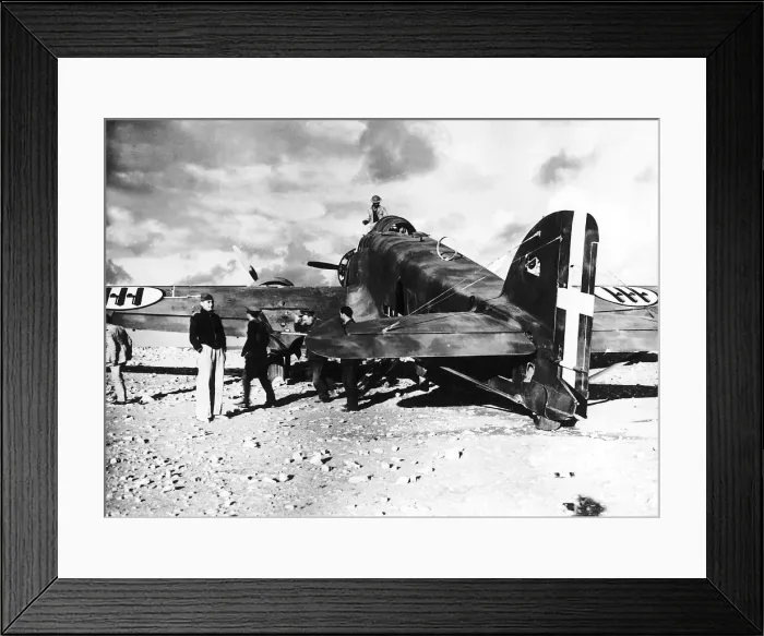 Framed Print : British troops examine the wreckage of an Italian S79 aircraft which landed on the edge Framed Print : British troops examine the wreckage of an Italian S79 aircraft which landed on the edge