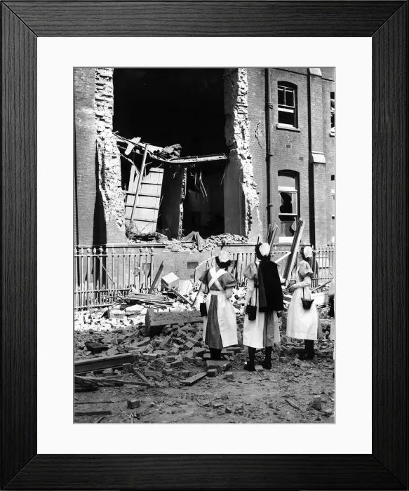 Framed Print : WW2 Bomb damaged Hospital Sept 40 Nurses looking at damage Framed Print : WW2 Bomb damaged Hospital Sept 40 Nurses looking at damage
