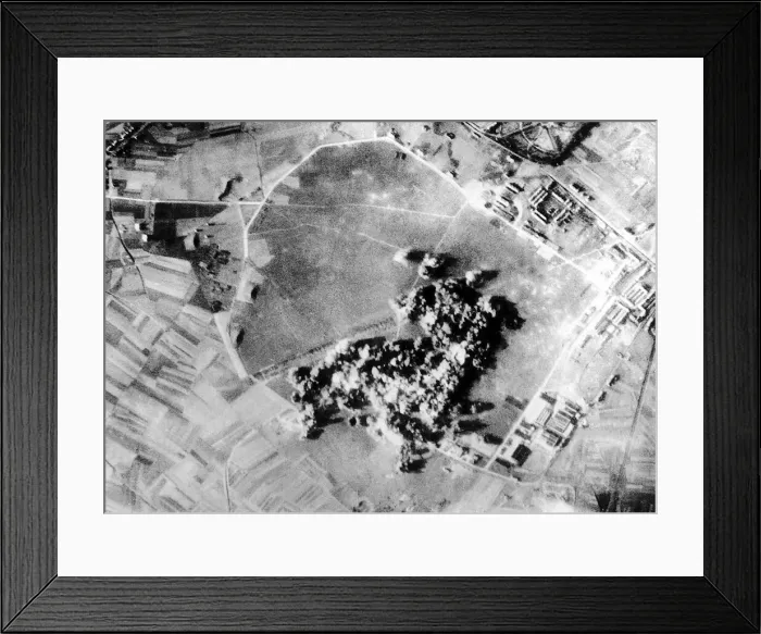 Framed Print : Bombs exploding on a Nazi aircraft engine plant near Brussels in Belgium Framed Print : Bombs exploding on a Nazi aircraft engine plant near Brussels in Belgium