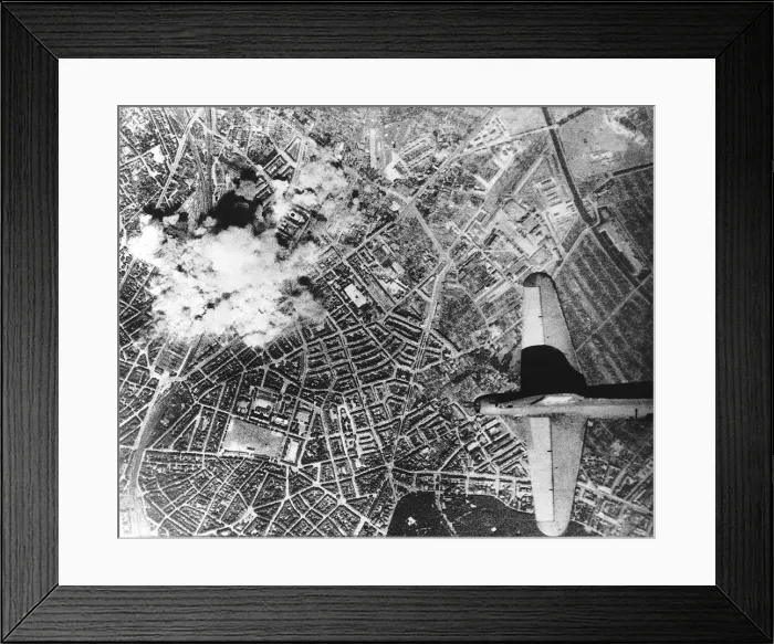 Framed Print : Vahrenwalder Strasse rubber tyre plant in Hanover Germany during an air raid by USAF