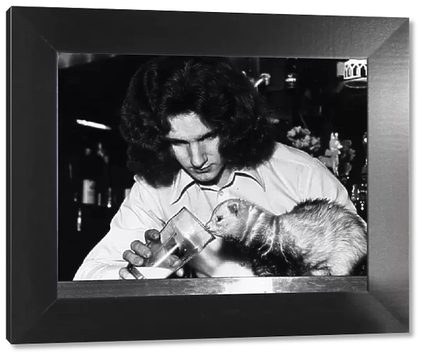 Pole Cat called Snagglepuss with owner Graham Cowlie 1971 at Oatridge Hotel bar in Uphall