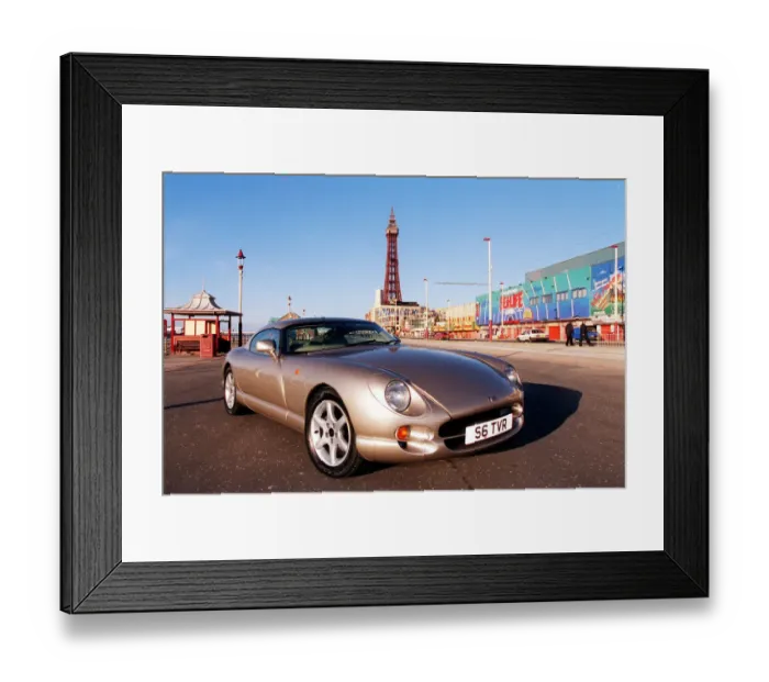 Framed Print : TVR car February 1999 Road Record TVR speed six in Blackpool Tower in background Framed Print : TVR car February 1999 Road Record TVR speed six in Blackpool Tower in background