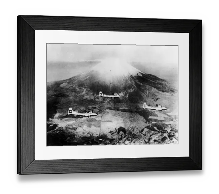 Framed Print : Three Boeing B29 Superfortresses of the US Air Force fly past Mt Fujiyama in Framed Print : Three Boeing B29 Superfortresses of the US Air Force fly past Mt Fujiyama in