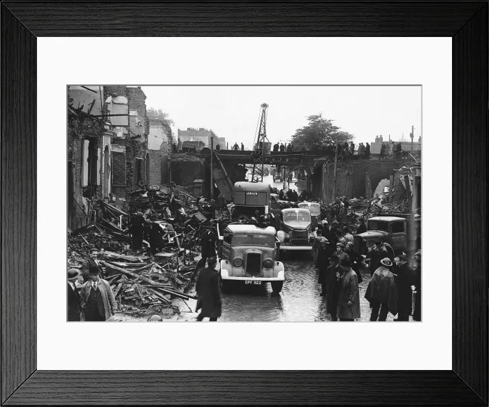 Framed Print : Repair work starts on a damaged bridge in Stepney London which was hit by an enemy Framed Print : Repair work starts on a damaged bridge in Stepney London which was hit by an enemy