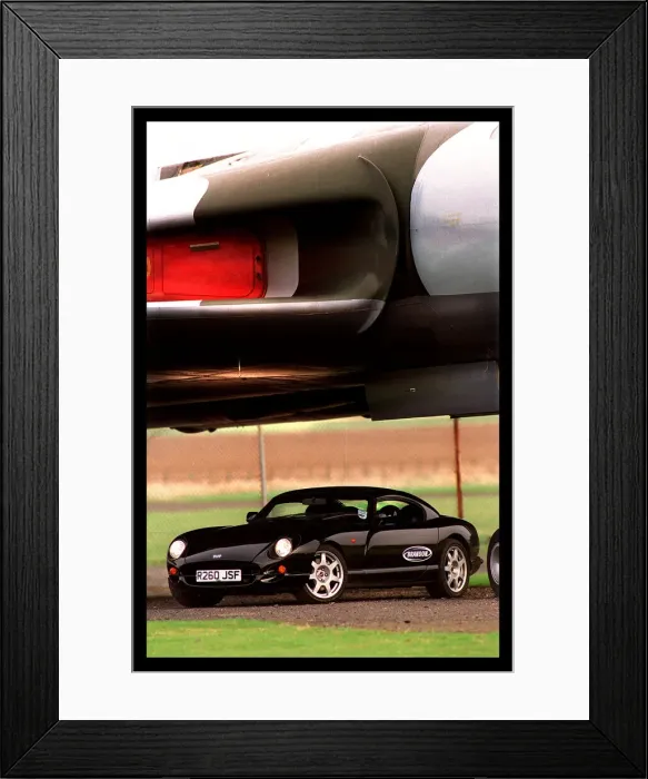 Framed Print : TVR Cerbera car February 1998 underneath plane headlights Framed Print : TVR Cerbera car February 1998 underneath plane headlights