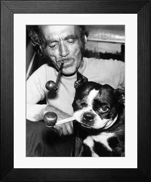 Framed Print : Jean Morel and his dog Butch a Boston Bull Terrier 1971 smoke their pipes at home