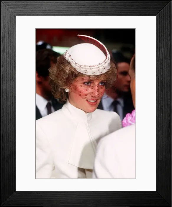 Framed Print : Princess Diana, wearing a white ensemble with red accents