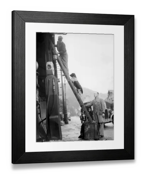 Framed Print : Dog helps his master up a ladder at a petrol station Animals dogs Mans Best Framed Print : Dog helps his master up a ladder at a petrol station Animals dogs Mans Best