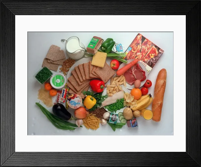 Framed Print : Brown bread, muller cheese, carrot chips, banana, french loaf, red pepper, yellow pepper Framed Print : Brown bread, muller cheese, carrot chips, banana, french loaf, red pepper, yellow pepper