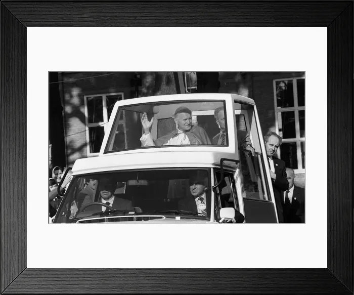 Framed Print : Pope John Paul II during his visit to Britain in 1982 rides along in his Popemobile Framed Print : Pope John Paul II during his visit to Britain in 1982 rides along in his Popemobile
