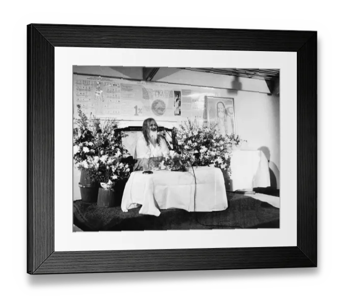 Framed Print : Maharishi Mahesh Yogi at a press conference at the Royal Festival Hall London he is on a Framed Print : Maharishi Mahesh Yogi at a press conference at the Royal Festival Hall London he is on a