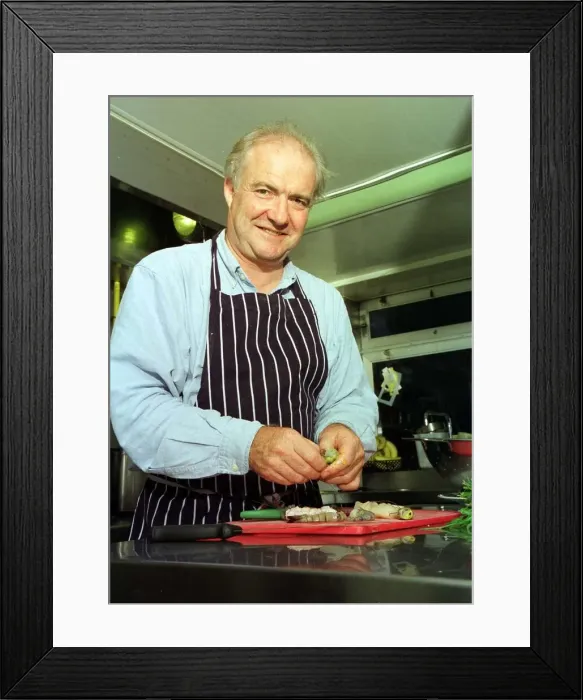 Framed Print : Rick Stein Chef TV Presenter June 1999 working in his kitchen Framed Print : Rick Stein Chef TV Presenter June 1999 working in his kitchen