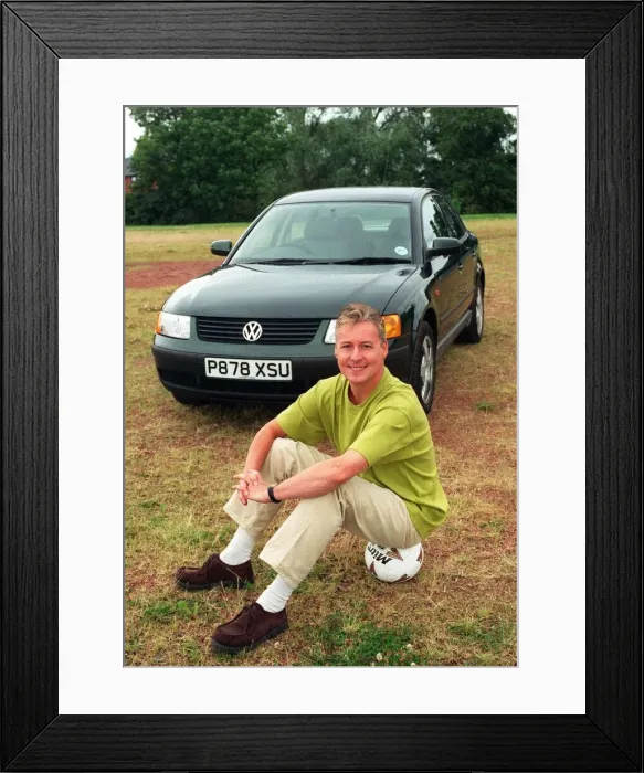 Framed Print : Jim White - TV Presenter with Volkswagen Passat Car July 1997