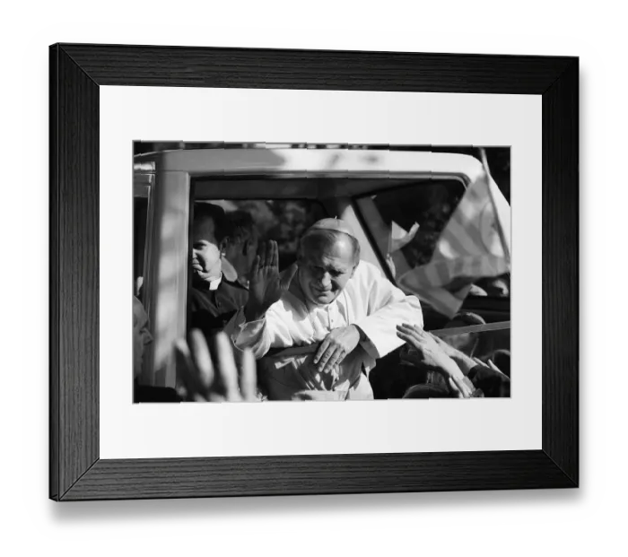 Framed Print : Pope John Paul II waves to the congregation from his pope mobile following an open air Framed Print : Pope John Paul II waves to the congregation from his pope mobile following an open air