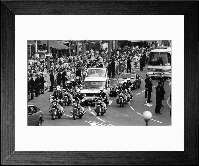 Framed Print : Pope John Paul II during his visit to Britain in 1982 rides along in his Popemobile Framed Print : Pope John Paul II during his visit to Britain in 1982 rides along in his Popemobile