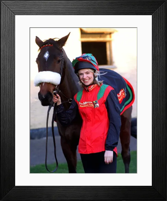 Framed Print : Tv Presenter Zoe Ball dressed in Mirror racing colours with Avro Anson - the horse Framed Print : Tv Presenter Zoe Ball dressed in Mirror racing colours with Avro Anson - the horse