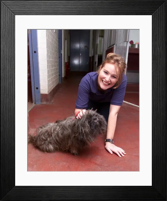 Framed Print : Shauna Lowry TV Presenter October 1999 with Stimpy the dog at Battersea Dogs Home