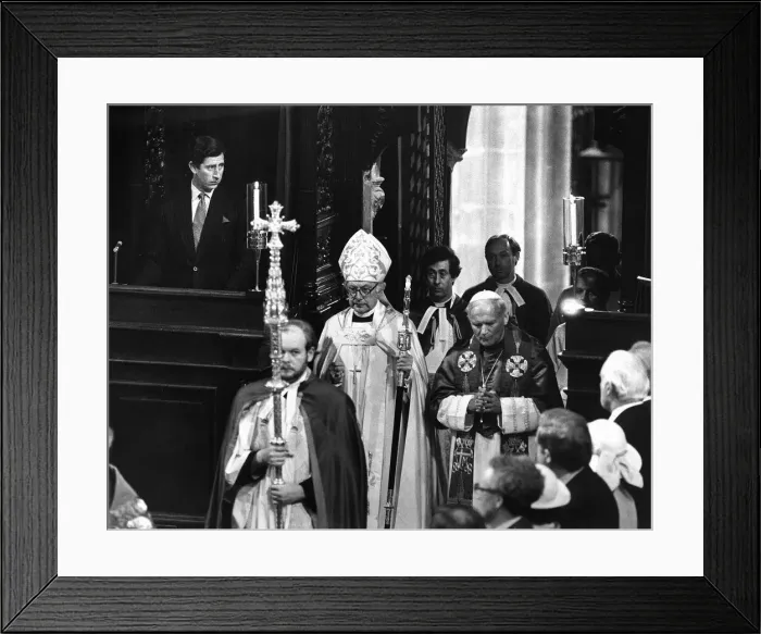 Framed Print : Pope John Paul II, vist to Britian May 1982. Prince Charles watches as the Pope Framed Print : Pope John Paul II, vist to Britian May 1982. Prince Charles watches as the Pope