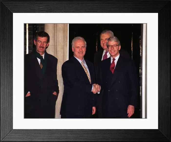 Framed Print : John Major and John Bruton shake hands outside Downing Street after coming to agreement Framed Print : John Major and John Bruton shake hands outside Downing Street after coming to agreement