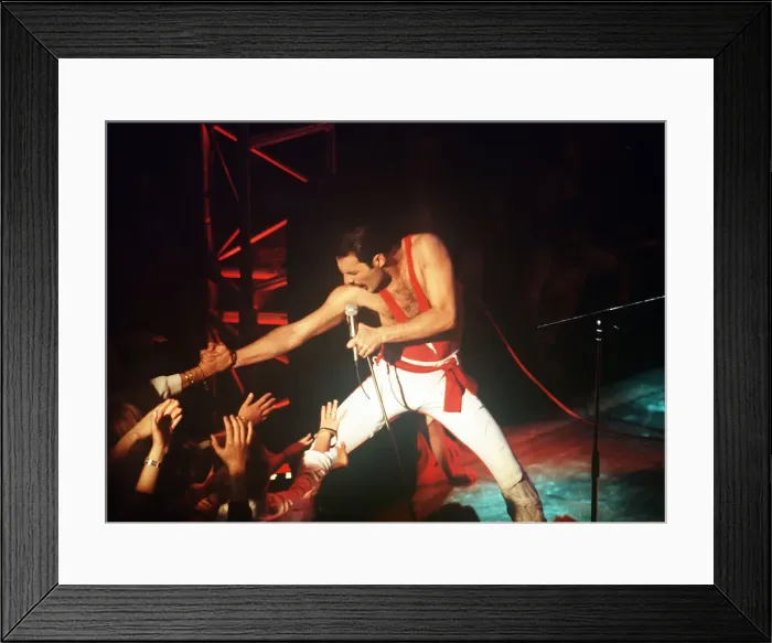 Framed Print : Freddie Mercury from Queen on stage at the Montreux pop festival, May 1984 Framed Print : Freddie Mercury from Queen on stage at the Montreux pop festival, May 1984