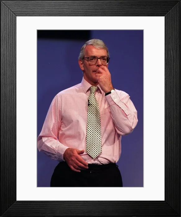 Framed Print : John Major scratching his upper lip with left hand during speech at conference Framed Print : John Major scratching his upper lip with left hand during speech at conference