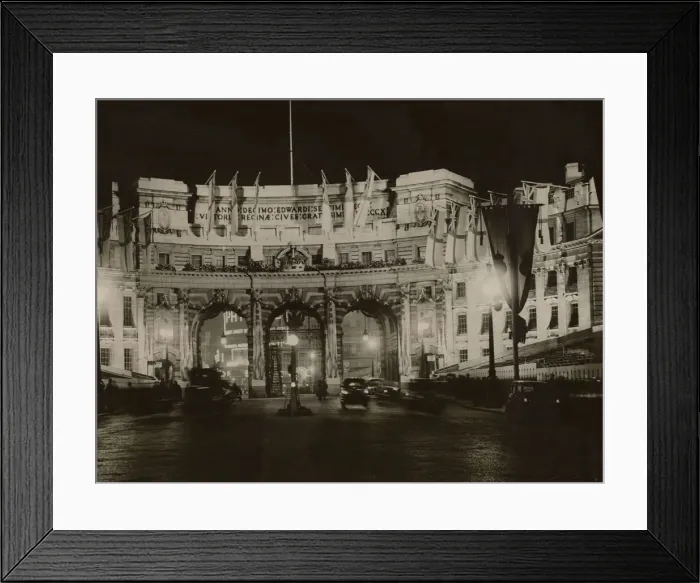 Framed Print : Admiralty Arch flood lit and adorned with White Ensign flags in preparation for