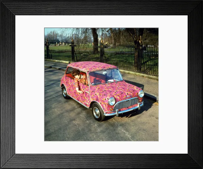 Framed Print : Sandra Ford driving her paisley coloured Mini February 1969 1960s unusual car motor Framed Print : Sandra Ford driving her paisley coloured Mini February 1969 1960s unusual car motor