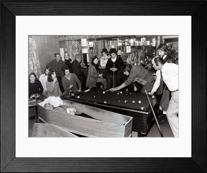 Framed Print : Pool players at the Smelters Arms in Castleside Co. Durham playing alongside a coffin in Framed Print : Pool players at the Smelters Arms in Castleside Co. Durham playing alongside a coffin in
