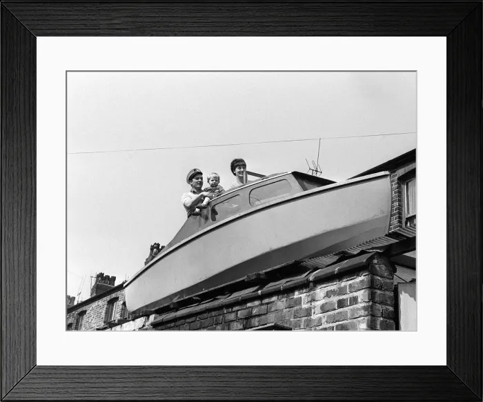 Framed Print : Houseboat April 1968 Boat on roof for Worthington Family - 8 feet up on roof behind Framed Print : Houseboat April 1968 Boat on roof for Worthington Family - 8 feet up on roof behind