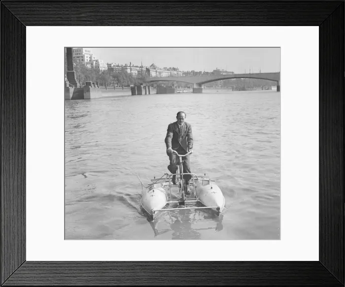 Framed Print : Transport Bicycles Amphibians Watercycle April 1949 William Rackliffe riding his Framed Print : Transport Bicycles Amphibians Watercycle April 1949 William Rackliffe riding his