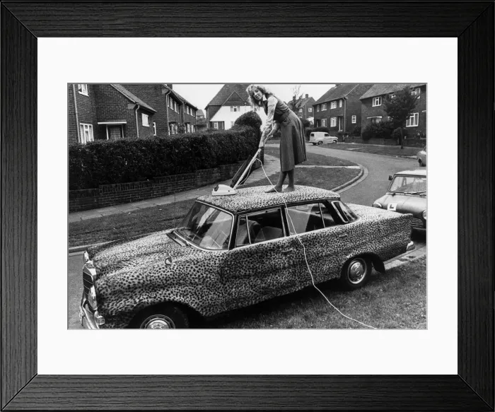 Framed Print : Mercedes car covered in leopard skin being hoovered 1989 Framed Print : Mercedes car covered in leopard skin being hoovered 1989