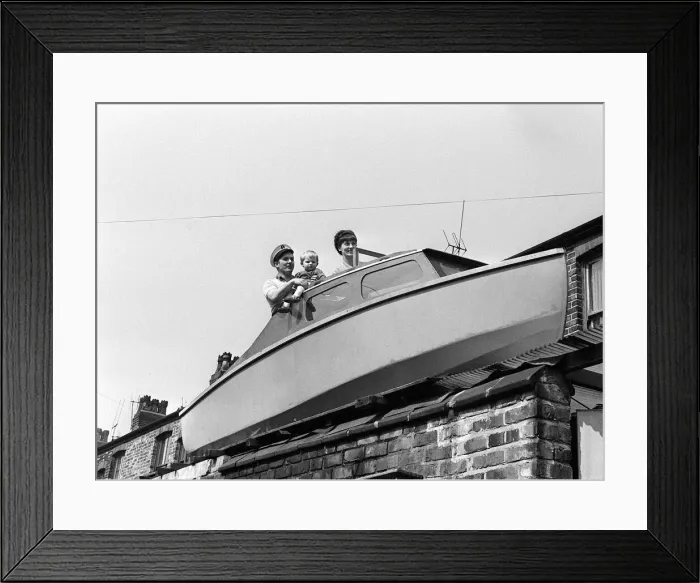 Framed Print : Houseboat April 1968 - Boat on roof for Worthington Family - 8 feet up on roof behind Framed Print : Houseboat April 1968 - Boat on roof for Worthington Family - 8 feet up on roof behind