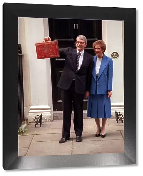 John Major holding Budget Box at 11 Downing Street 1990 with wife Norma