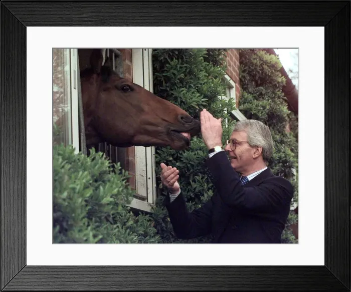 Framed Print : John Major gets it straight from the horses mouth during a election visit to the National Framed Print : John Major gets it straight from the horses mouth during a election visit to the National