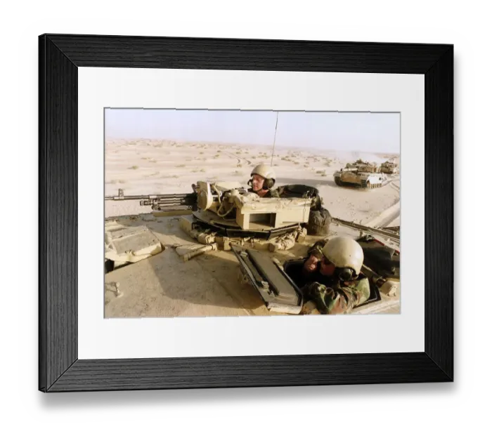 Framed Print : Members of the British Desert Rats on patrol before operation desert storm the retaking