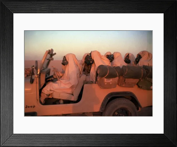 Framed Print : Gulf War Operation Desert Storm. Egyptian SAS Soldiers wearing gas masks sitting fully