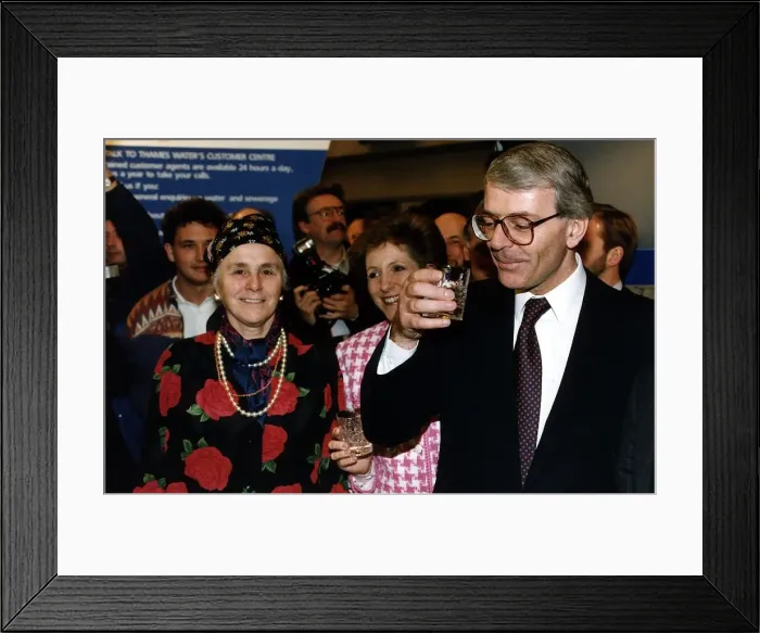 Framed Print : John Major Prime Minister holding a glass of water at the Ideal Home Exhibition in London Framed Print : John Major Prime Minister holding a glass of water at the Ideal Home Exhibition in London