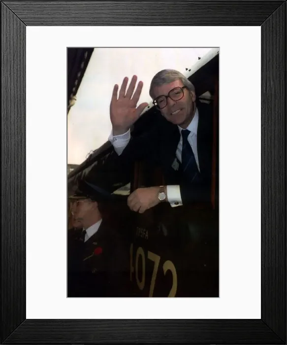 Framed Print : John Major seen here on the footplate of a steam train Framed Print : John Major seen here on the footplate of a steam train