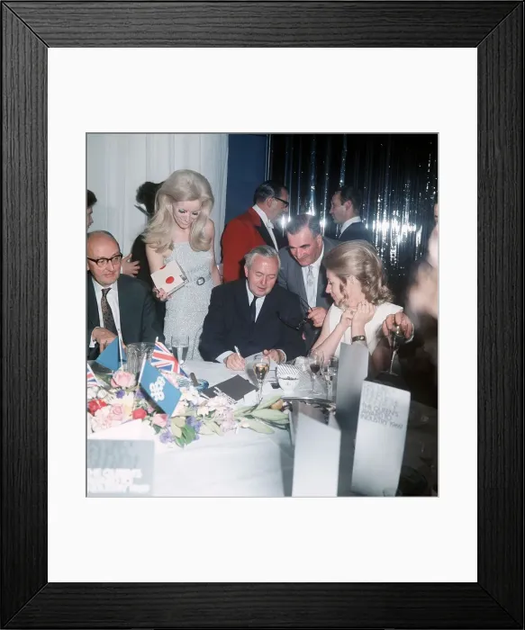 Framed Print : Harold Wilson Labour Prime Minister Signs A Souvenir For A Guest At The Queens Award For Framed Print : Harold Wilson Labour Prime Minister Signs A Souvenir For A Guest At The Queens Award For