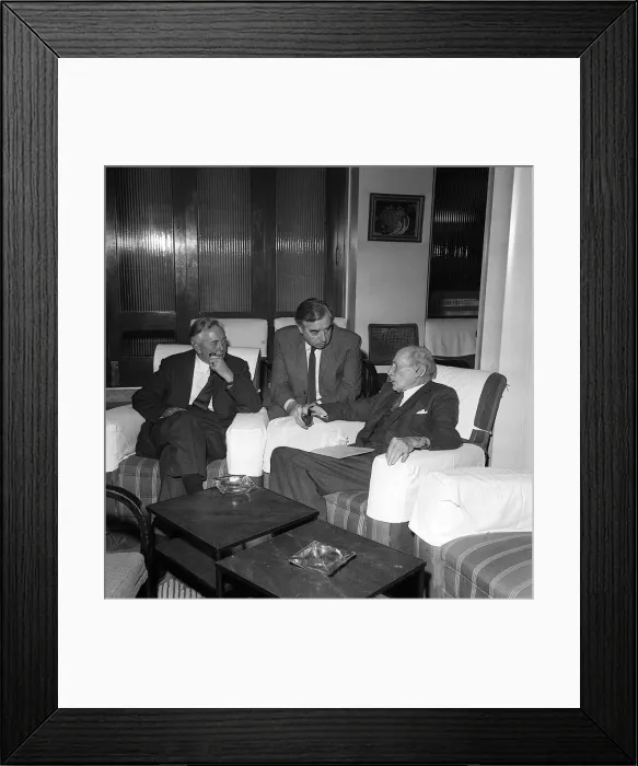 Framed Print : Harold Wilson and George Brown sitting with Lord Attlee in their hotel in Scarborough