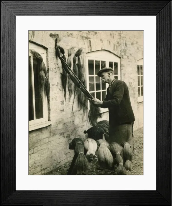 Framed Print : A man measuring lengths of horse hair for use in the weaving industry August 1930 Framed Print : A man measuring lengths of horse hair for use in the weaving industry August 1930