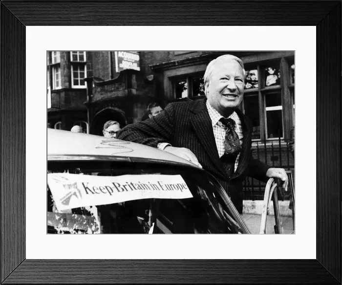 Framed Print : Edward Ted Heath about to get into his car which has a sticker on it saying KEEP BRITAIN Framed Print : Edward Ted Heath about to get into his car which has a sticker on it saying KEEP BRITAIN