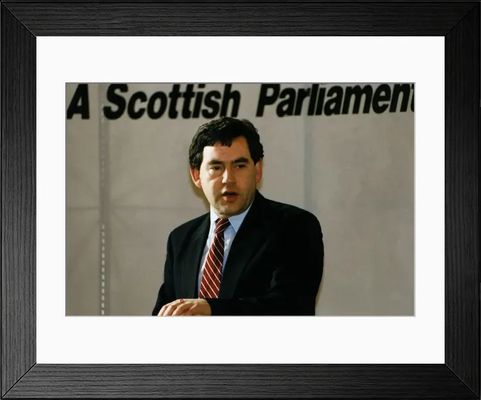 Framed Print : Gordon Brown MP Labour party politician speaking under devolution slogan A Scottish Framed Print : Gordon Brown MP Labour party politician speaking under devolution slogan A Scottish