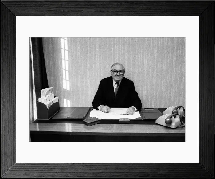 Framed Print : James Callaghan, December 1981 in his new office in the House of Commons, London Framed Print : James Callaghan, December 1981 in his new office in the House of Commons, London