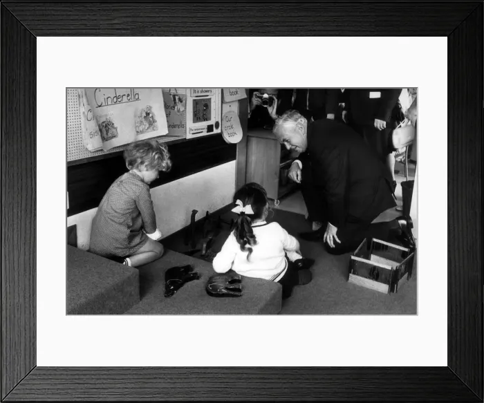 Framed Print : Harold Wilson British Prime Minister - June 1969 opens a new school in Aberfan