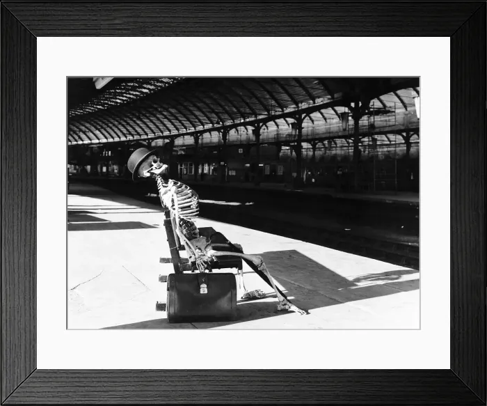 Framed Print : Skeleton at Kings Cross Station while British Rail drivers are on strike