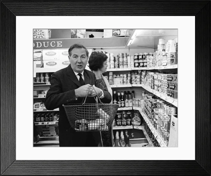 Framed Print : Chancellor of the Exchequer James Callaghan MP May 1967 with his wife shopping with Framed Print : Chancellor of the Exchequer James Callaghan MP May 1967 with his wife shopping with