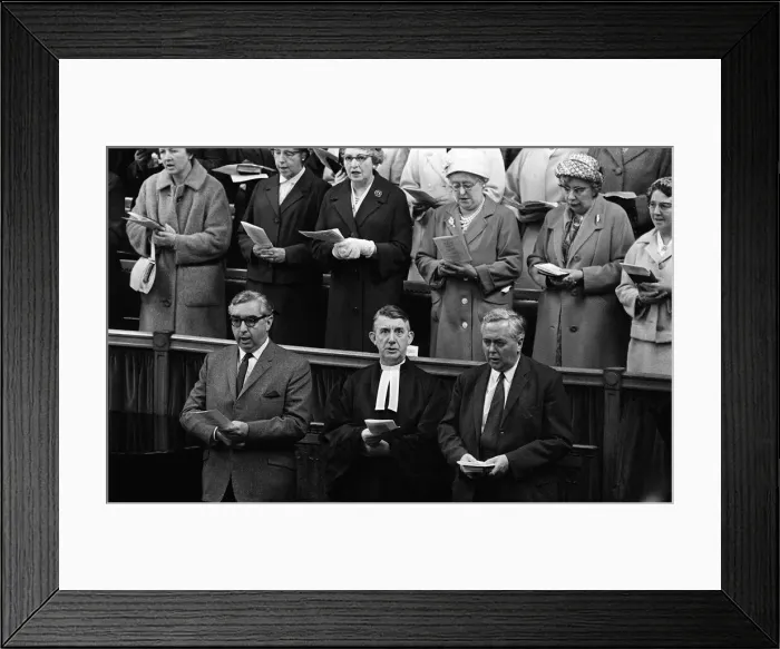Framed Print : Harold Wilson and George Brown sing from the same song sheet at the traditional church Framed Print : Harold Wilson and George Brown sing from the same song sheet at the traditional church